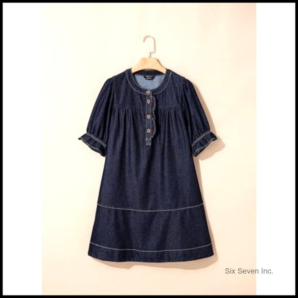 Denim Babydoll Dress with Ruffle Sleeves and Button Front - Picture 3 of 7